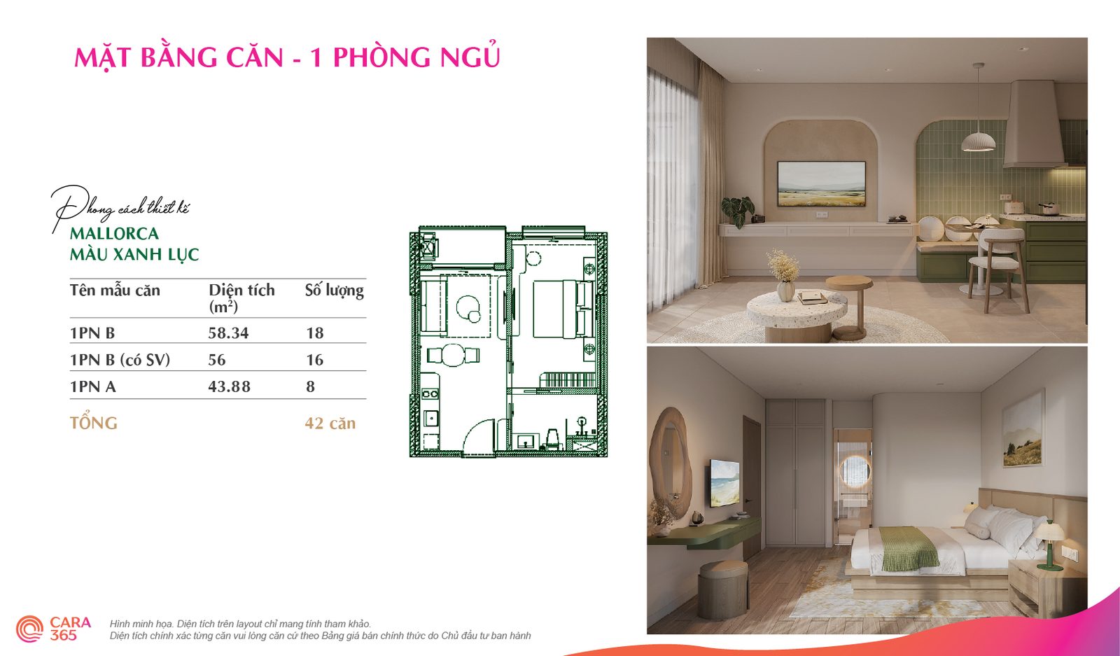 Mặt bằng căn 1 phòng ngủ Cara365 — phong cách Mallorca