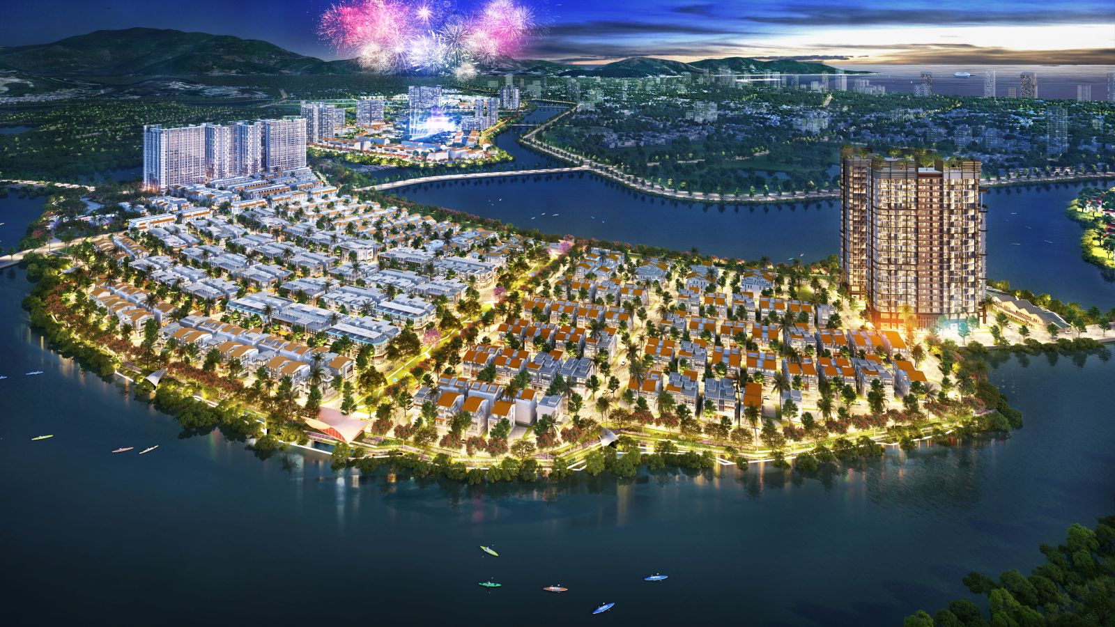 Birdview Charmora City Đảo Nam nhìn về Đảo B ban đêm