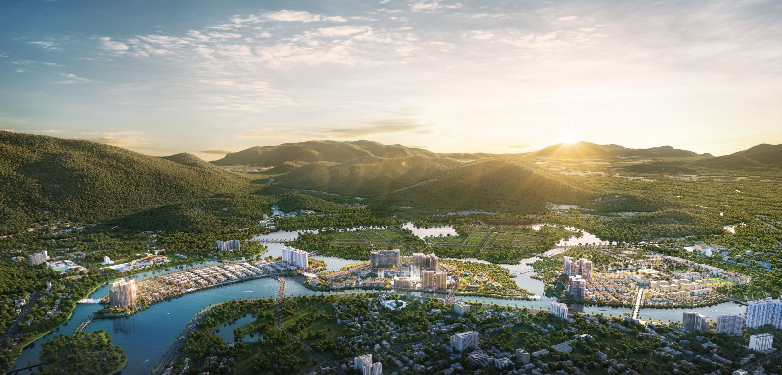 Phối cảnh tổng quan Charmora City Nha Trang nhìn từ trên cao lúc hoàng hôn