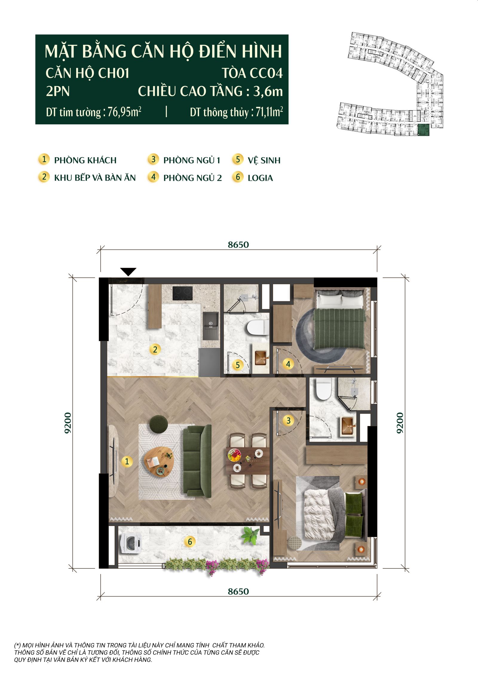 Layout mặt bằng căn hộ 2PN CH01 The Charm Charmora City