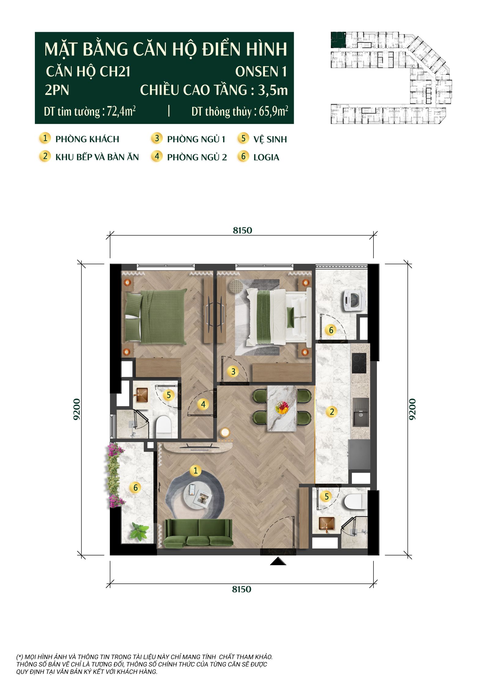 Layout mặt bằng căn hộ 2PN CH21 The Onsen Charmora City
