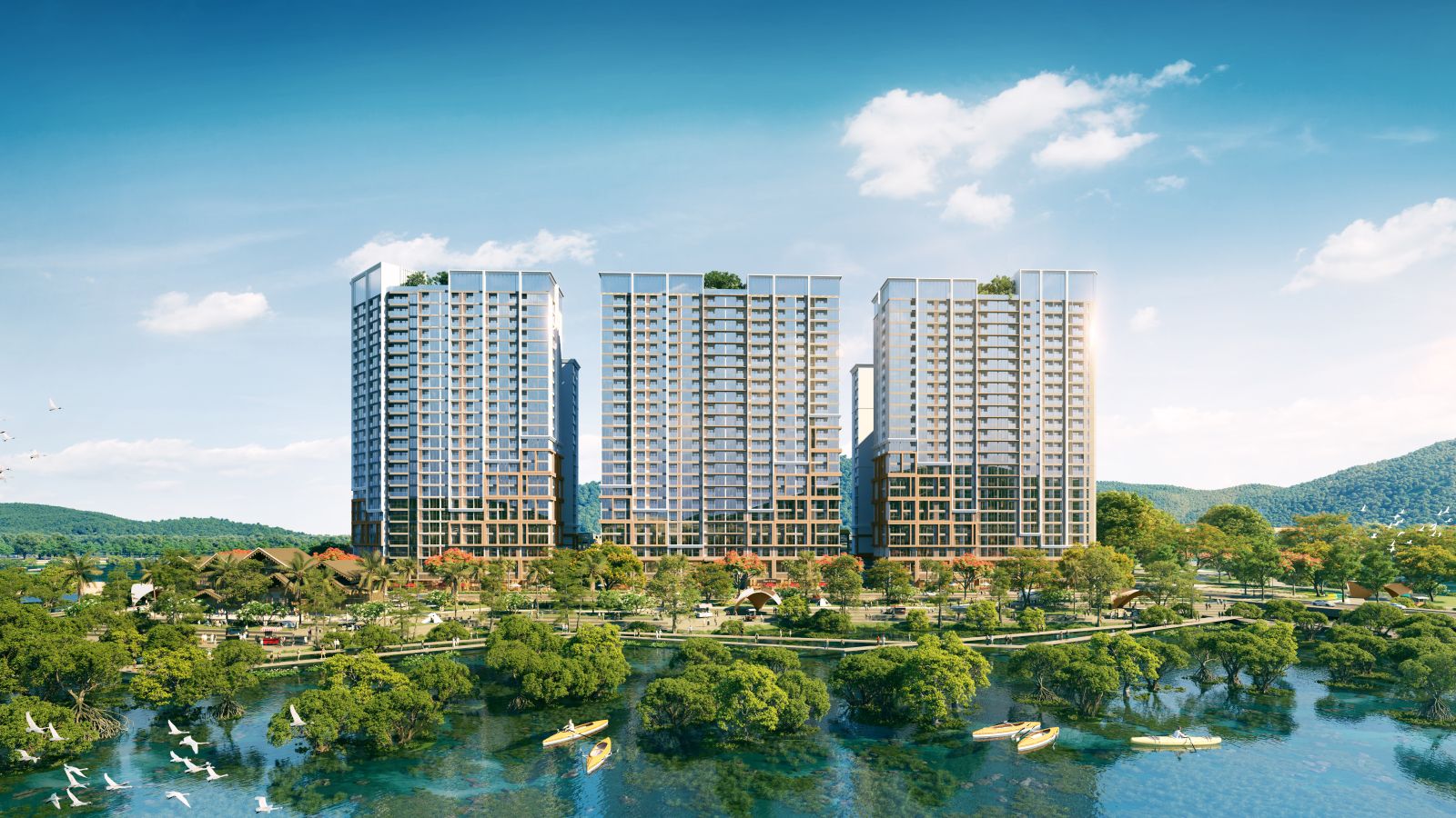 The Onsen 3 tòa cao tầng CC01 CC02 CC03 Charmora City nhìn từ sông